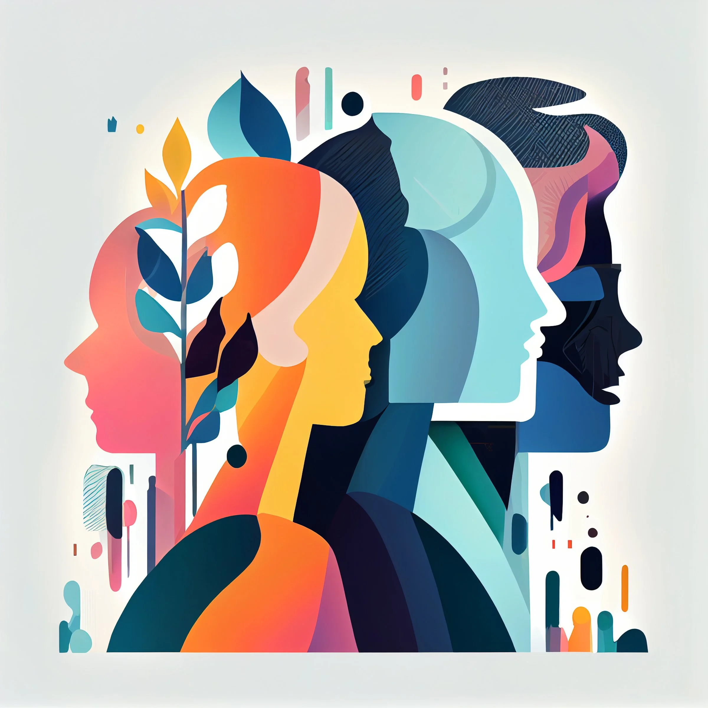 Abstract colorful artwork with overlapping silhouette faces, leaves, and geometric shapes in shades of blue, orange, pink, purple, and black on a light background.