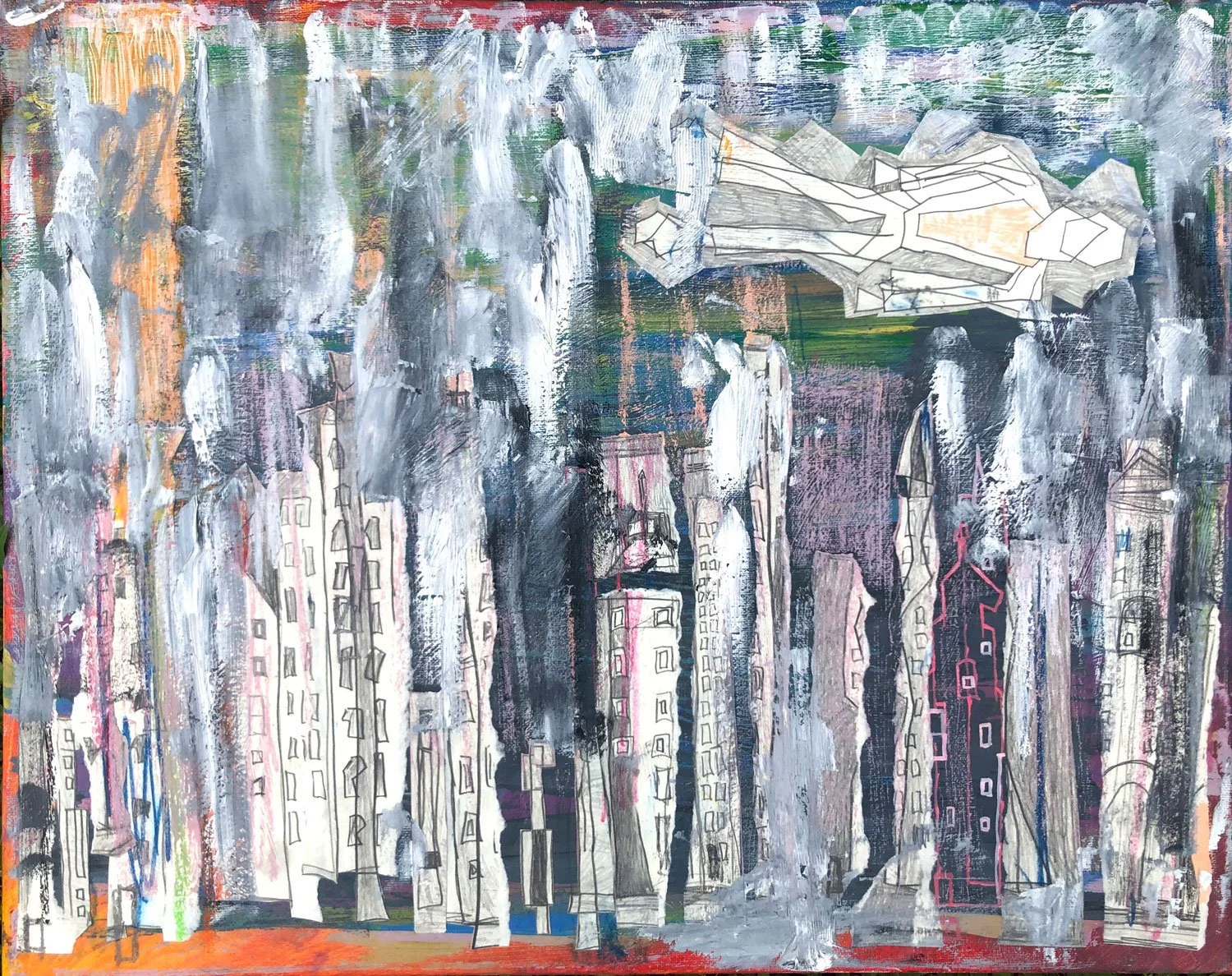 Abstract painting of a cityscape with tall buildings and a cloudy sky, using a mix of bright and dark colors.