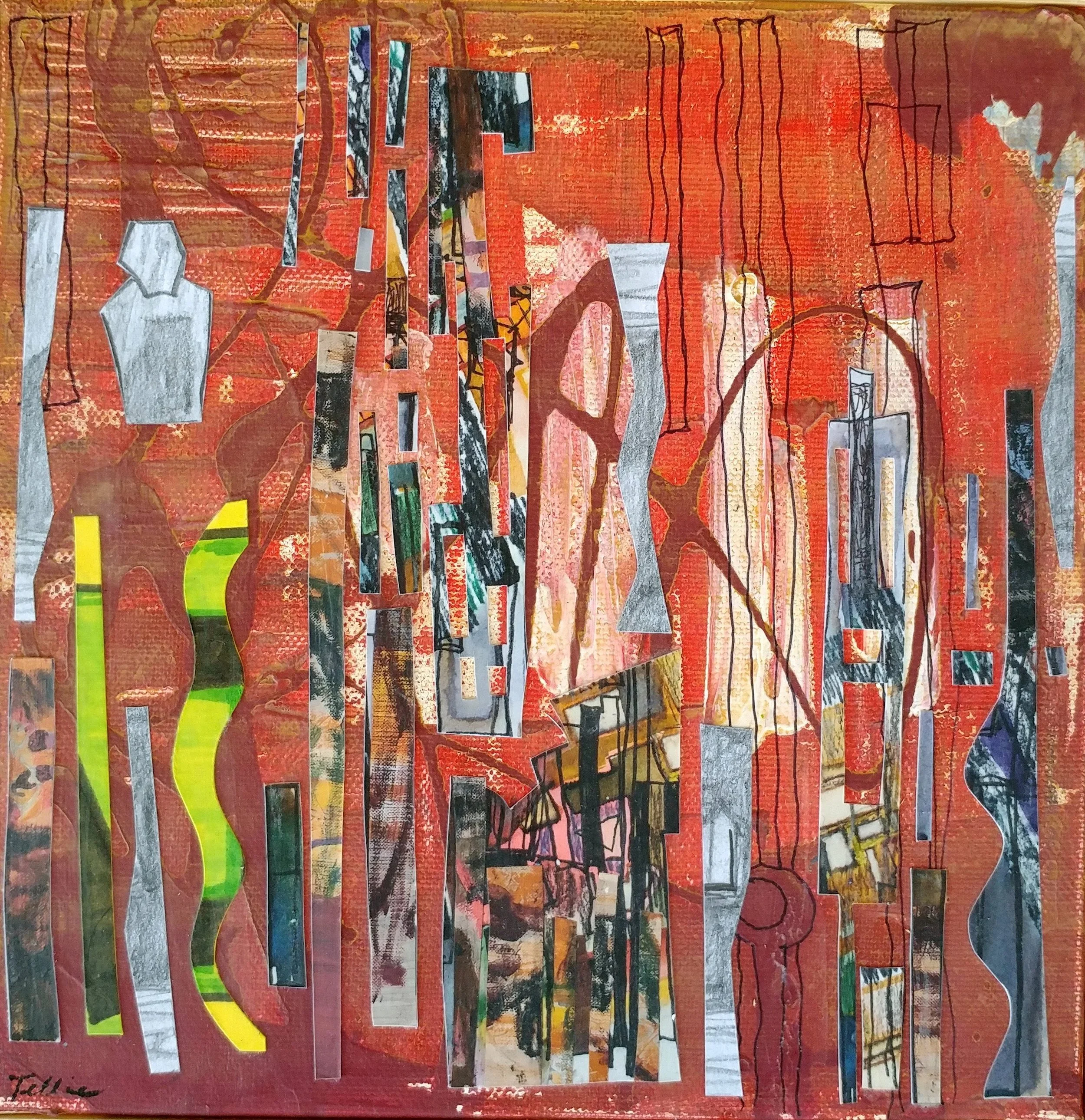 Abstract mixed media artwork featuring a red background with textured patterns, overlaid with various geometric shapes, black outlines, and collage elements including images of trees and figures. Signature in bottom left corner.