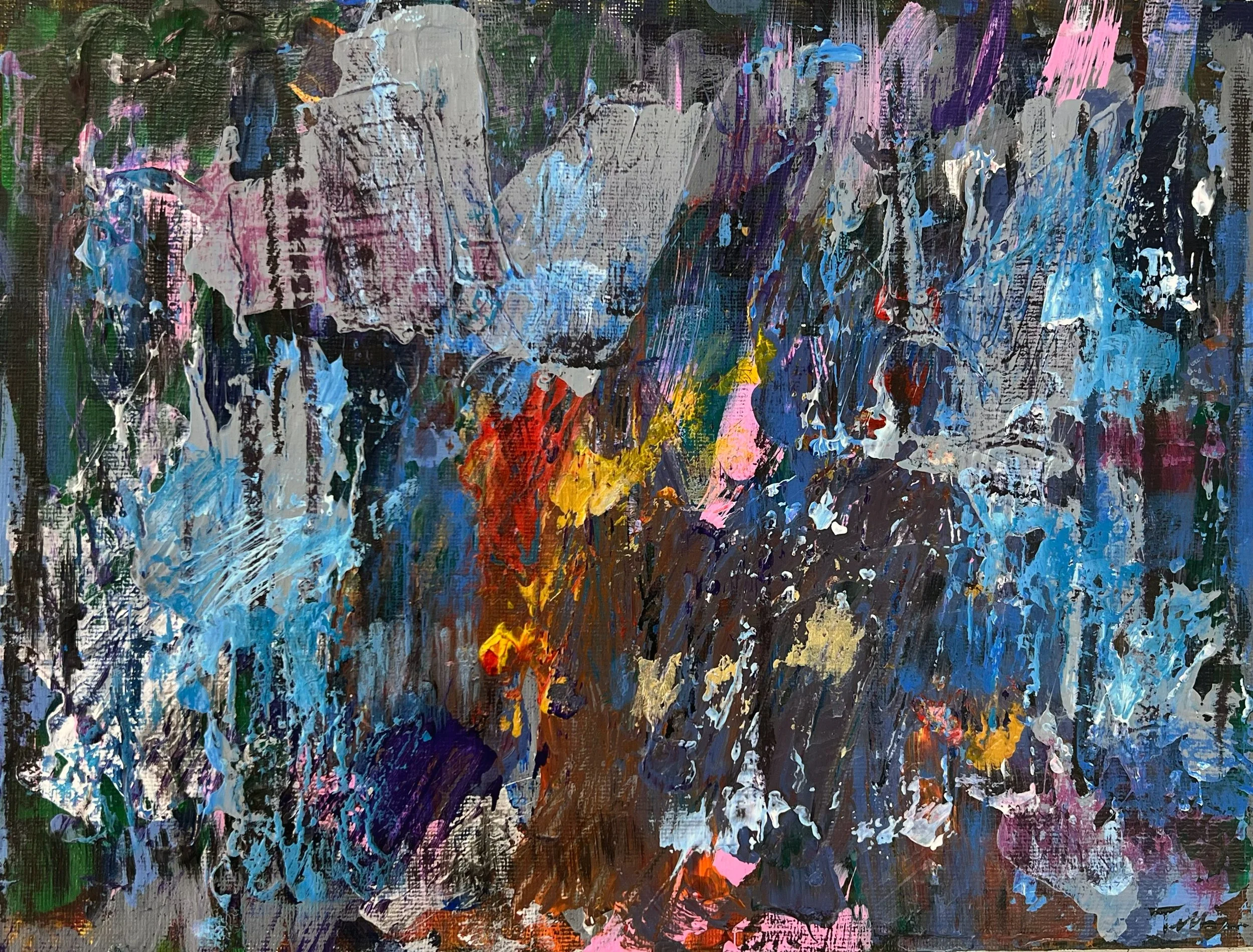 Fire in the Blue Hour, 9" x 12", Acrylic on Canvas Board, 2025