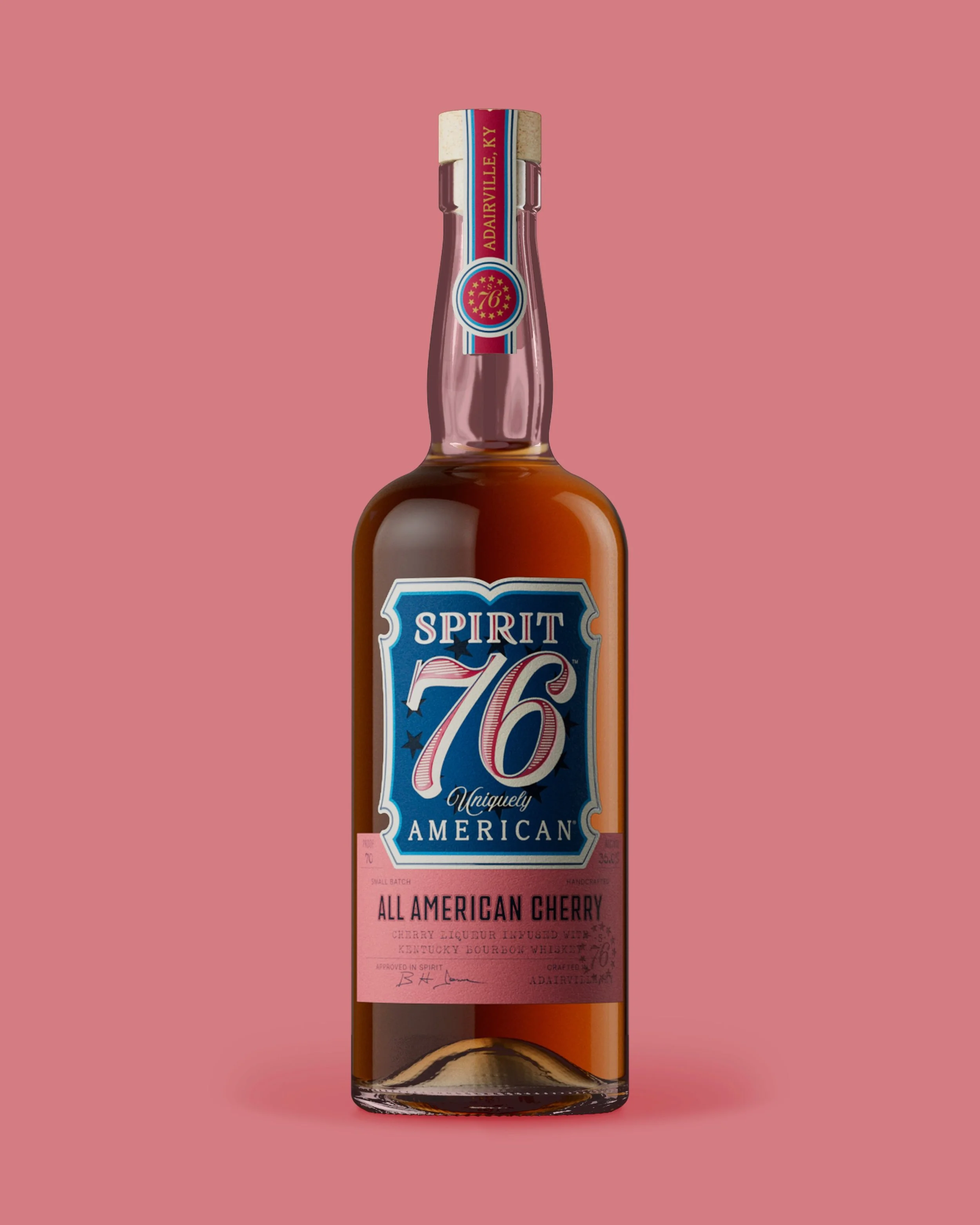 Spirit &lsquo;76, All American Cherry.

Crafted in small batches by B.H. James Distillers in Adairville, Kentucky, Spirit &lsquo;76 celebrates an unapologetically American approach to flavored and American craftsmanship.