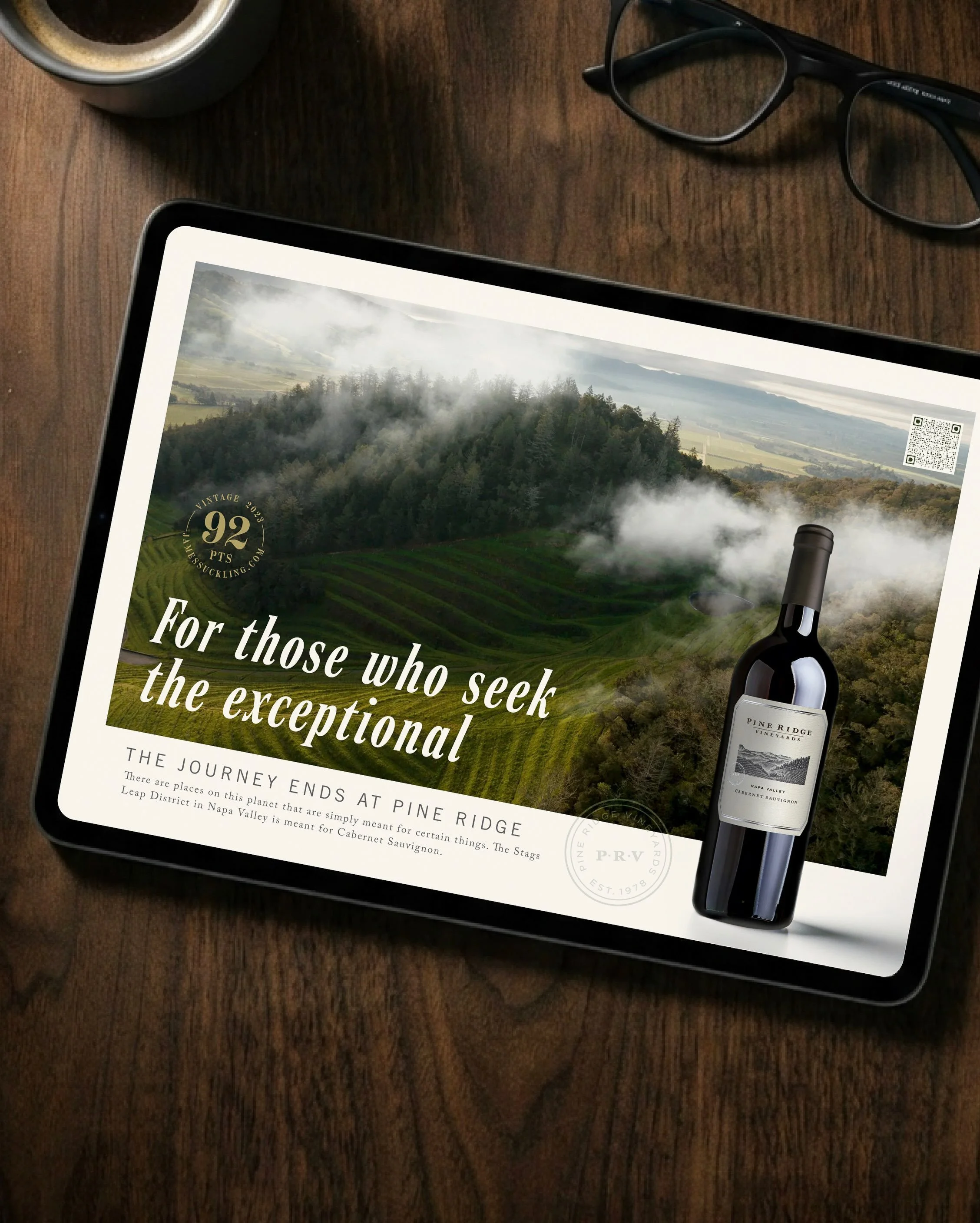 For Pine Ridge Vineyards, we designed the key visuals across two distinct sides of the portfolio. 

For the Cabernet portfolio, we developed a visual language rooted in the Stags Leap District and Pine Ridge&rsquo;s deep connection to Cabernet.
For C