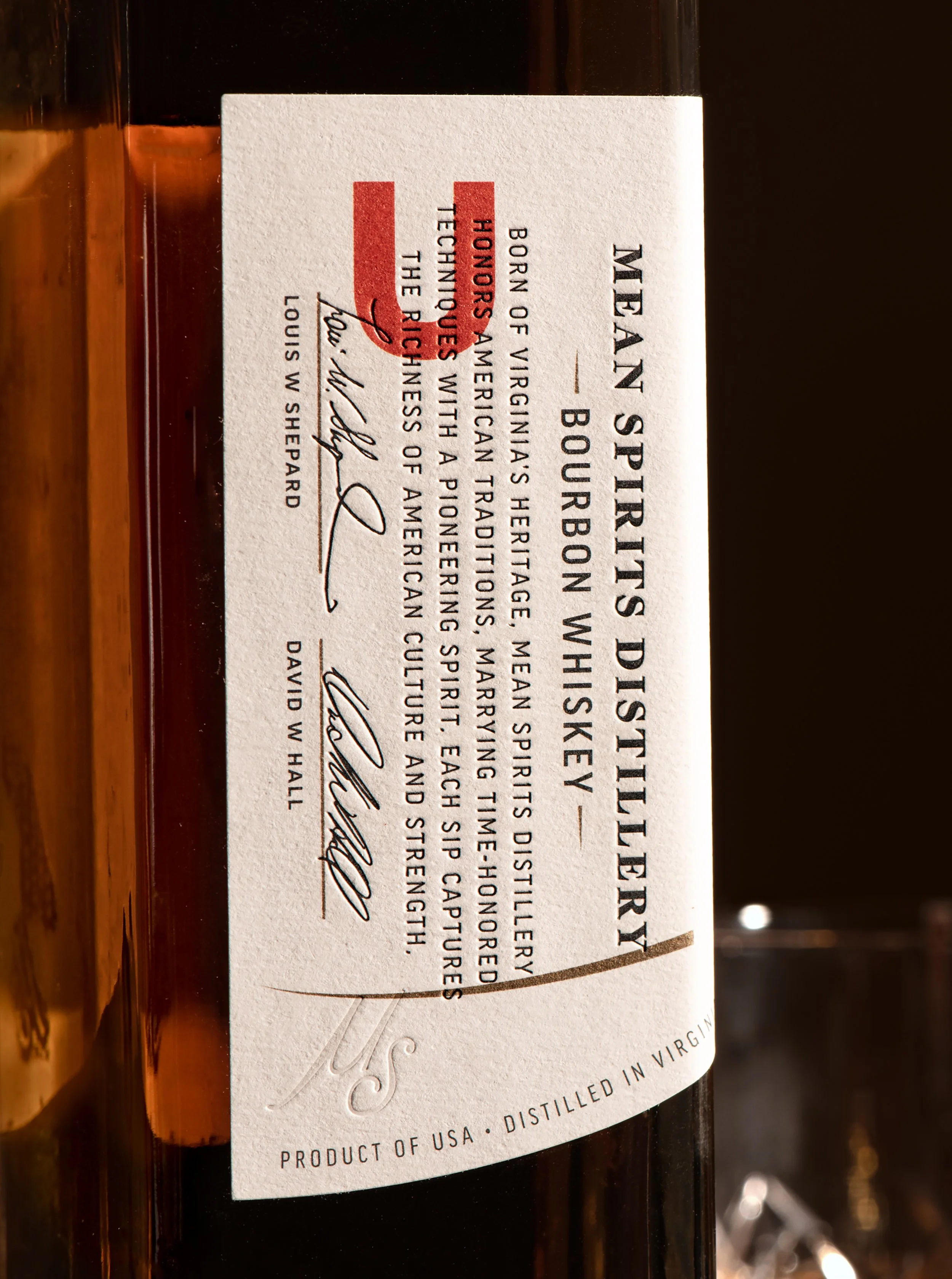 Mean Spirits Distillery Norfolk Virginia Bourbon Whiskey close up label detail