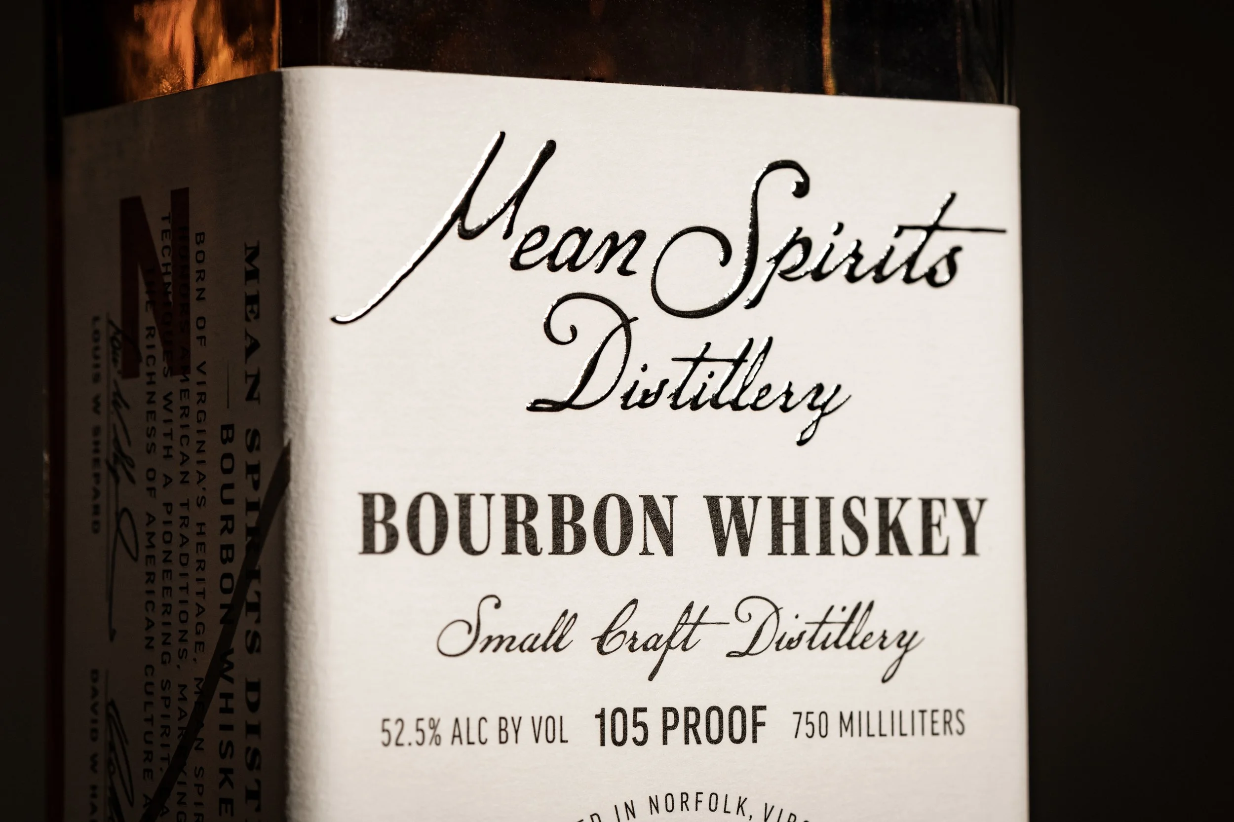 Mean Spirits Distillery Norfolk Virginia Bourbon Whiskey label embossing detail