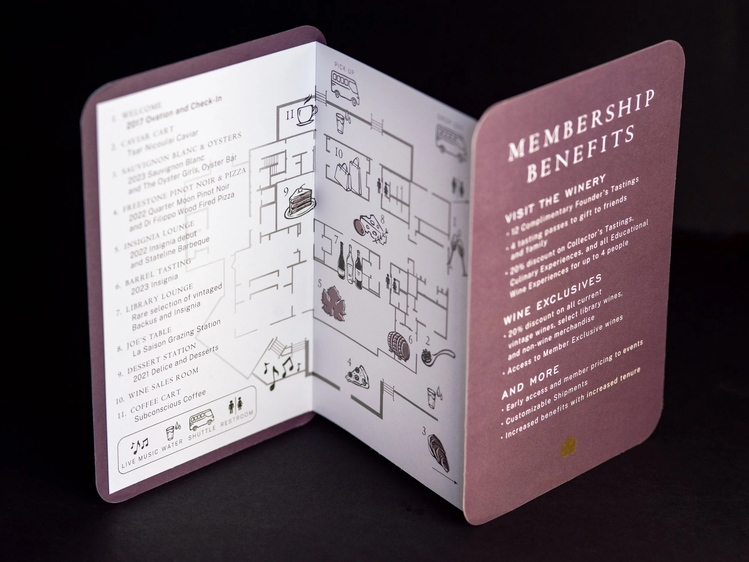 Folded membership benefits brochure with a floor plan on the inside and text listing benefits such as winery tasting passes, educational experiences, and exclusive wine discounts.