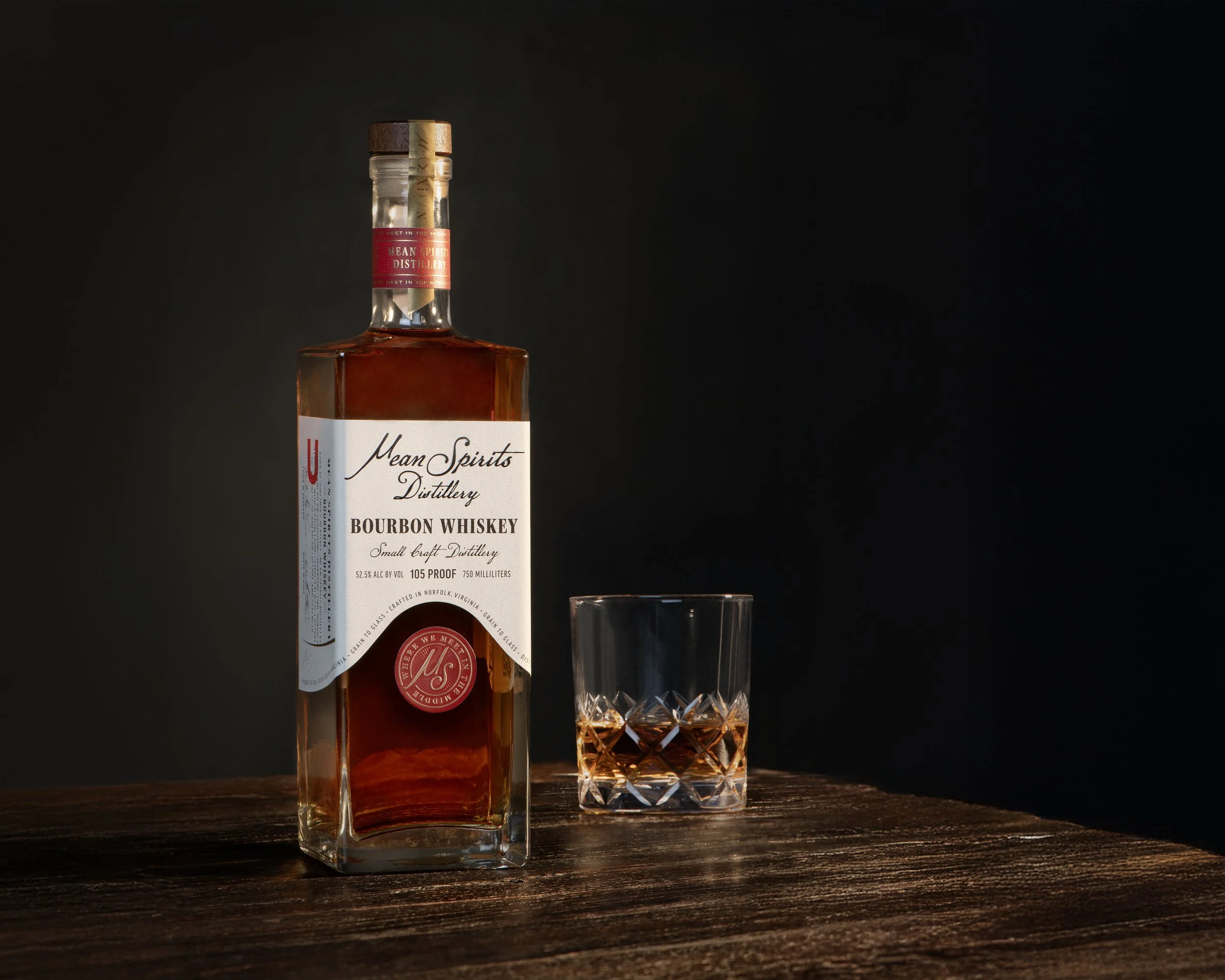 Mean Spirits Distillery Norfolk Virginia Bourbon Whiskey label with whiskey glass in background