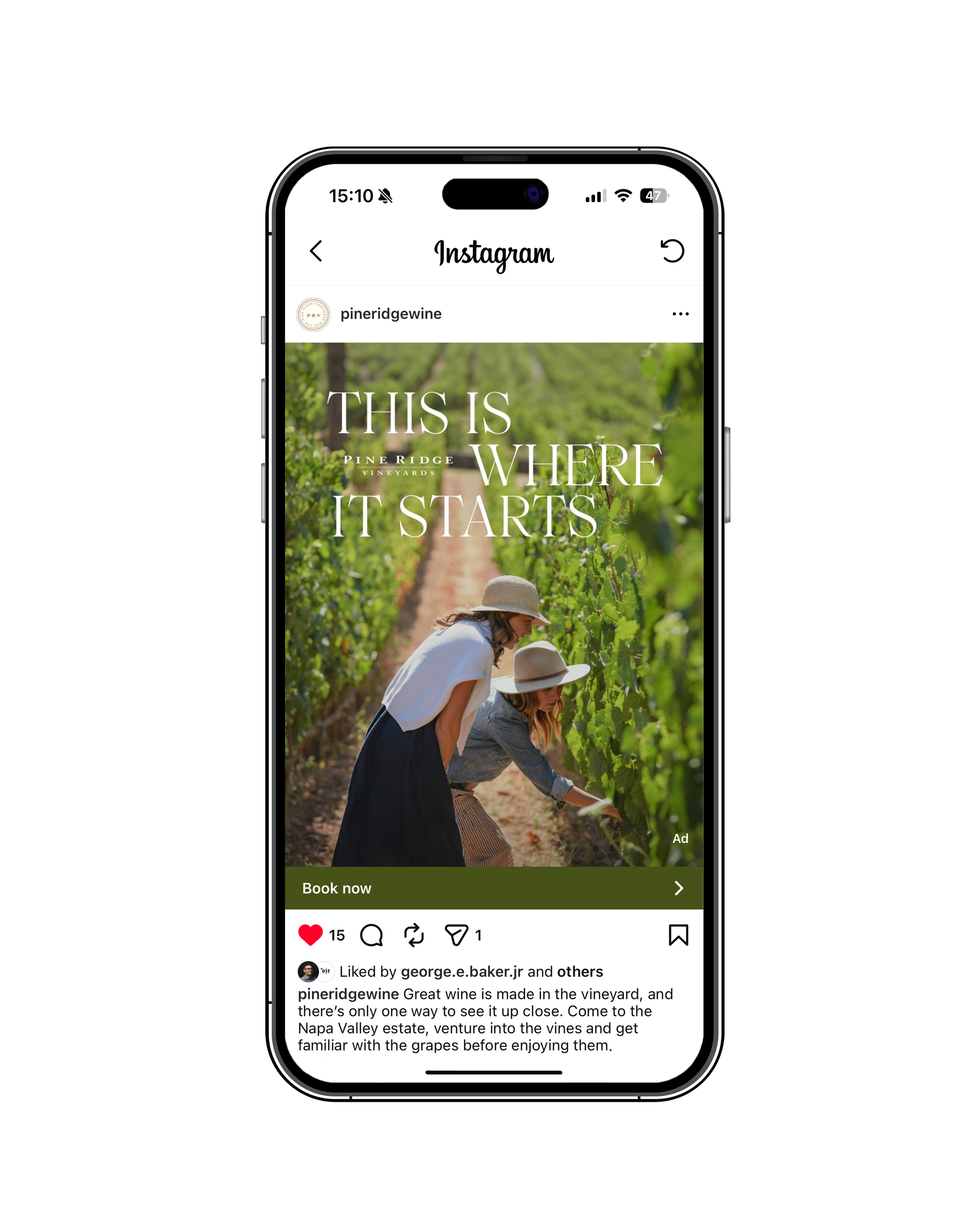 Smartphone screen displaying an Instagram post about visiting a vineyard, with image of two women in hats examining grapevines, and a caption encouraging wine tasting at Napa Valley.