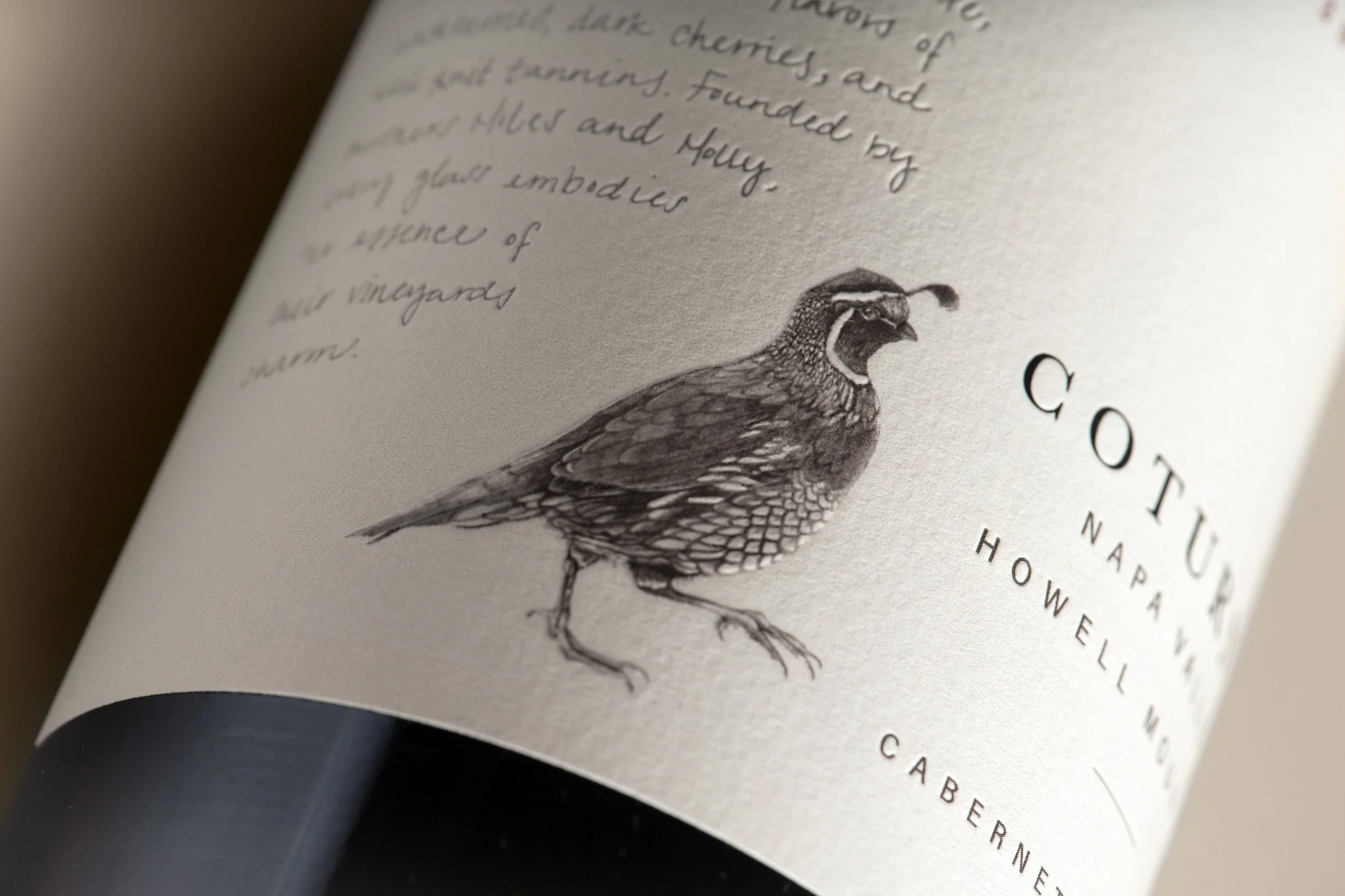 Detail of Coturnix Quail on Cabernet wine label