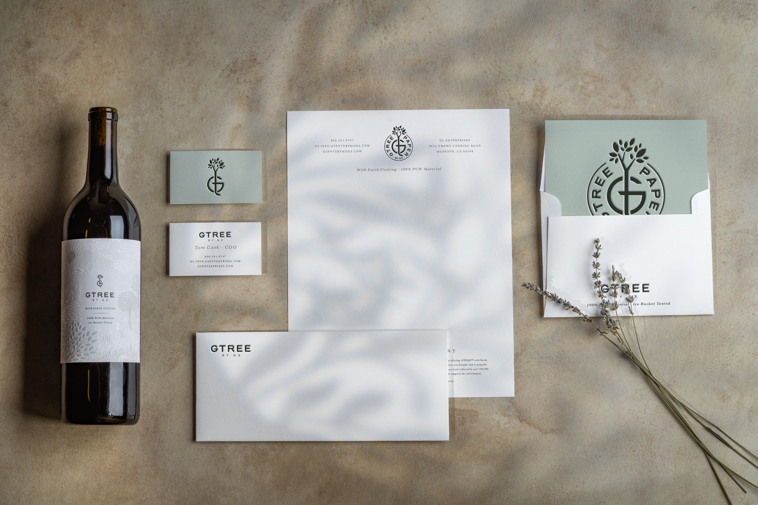 G3 GTREE Enterprises sustainability label and stationary set with branding and embossed seal