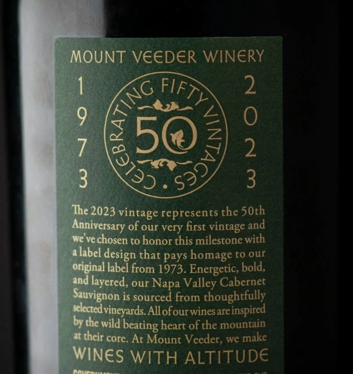 Mount Veeder Winery Napa Valley Cabernet Sauvignon anniversary green label details with seal