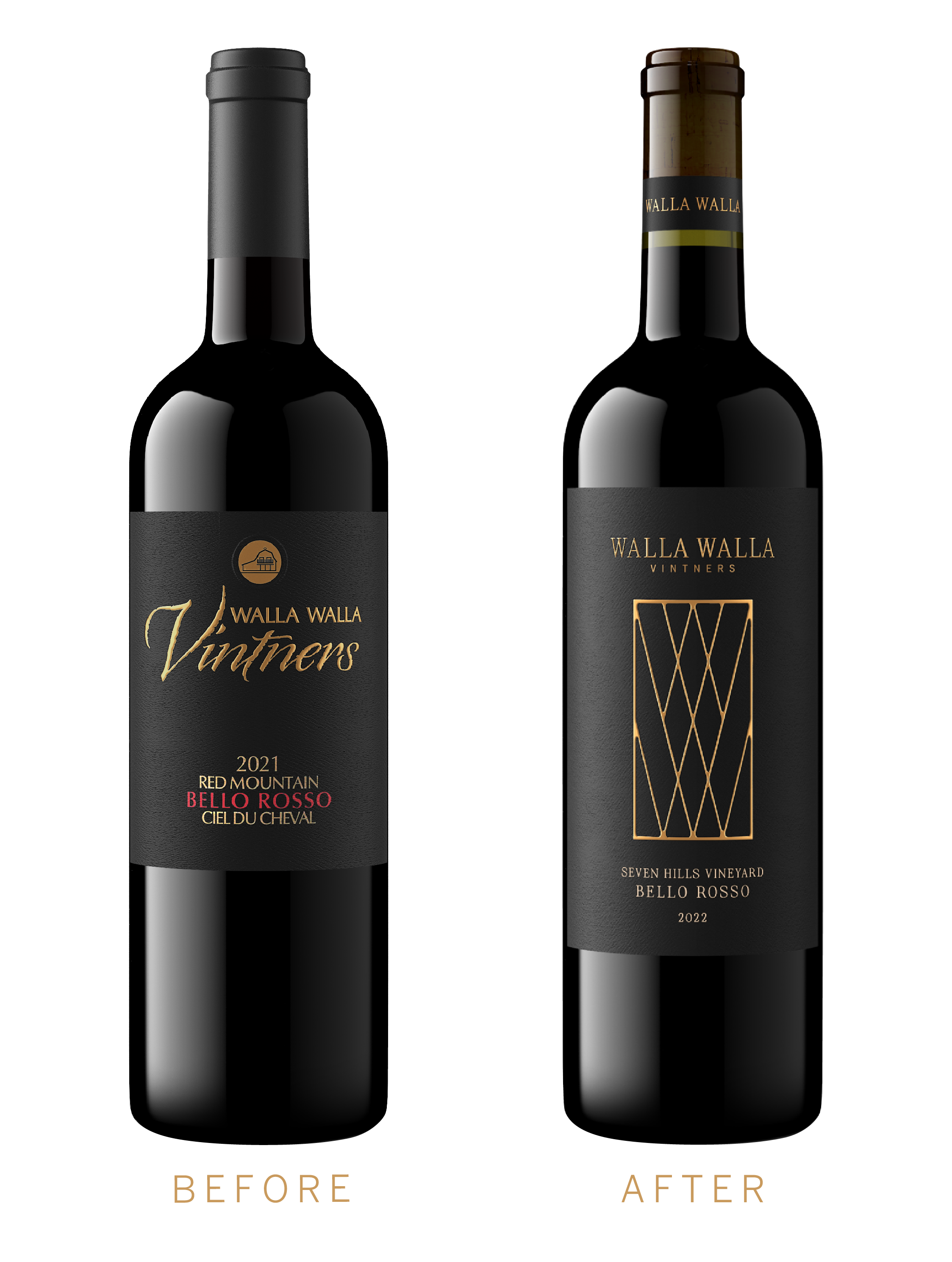 Two bottles of Walla Walla wine, one labeled 2021 Red Mountain Bello Rosso and the other labeled 2022 Seven Hills Vineyard Bello Rosso, with black and gold designs, positioned in front of a gray background.