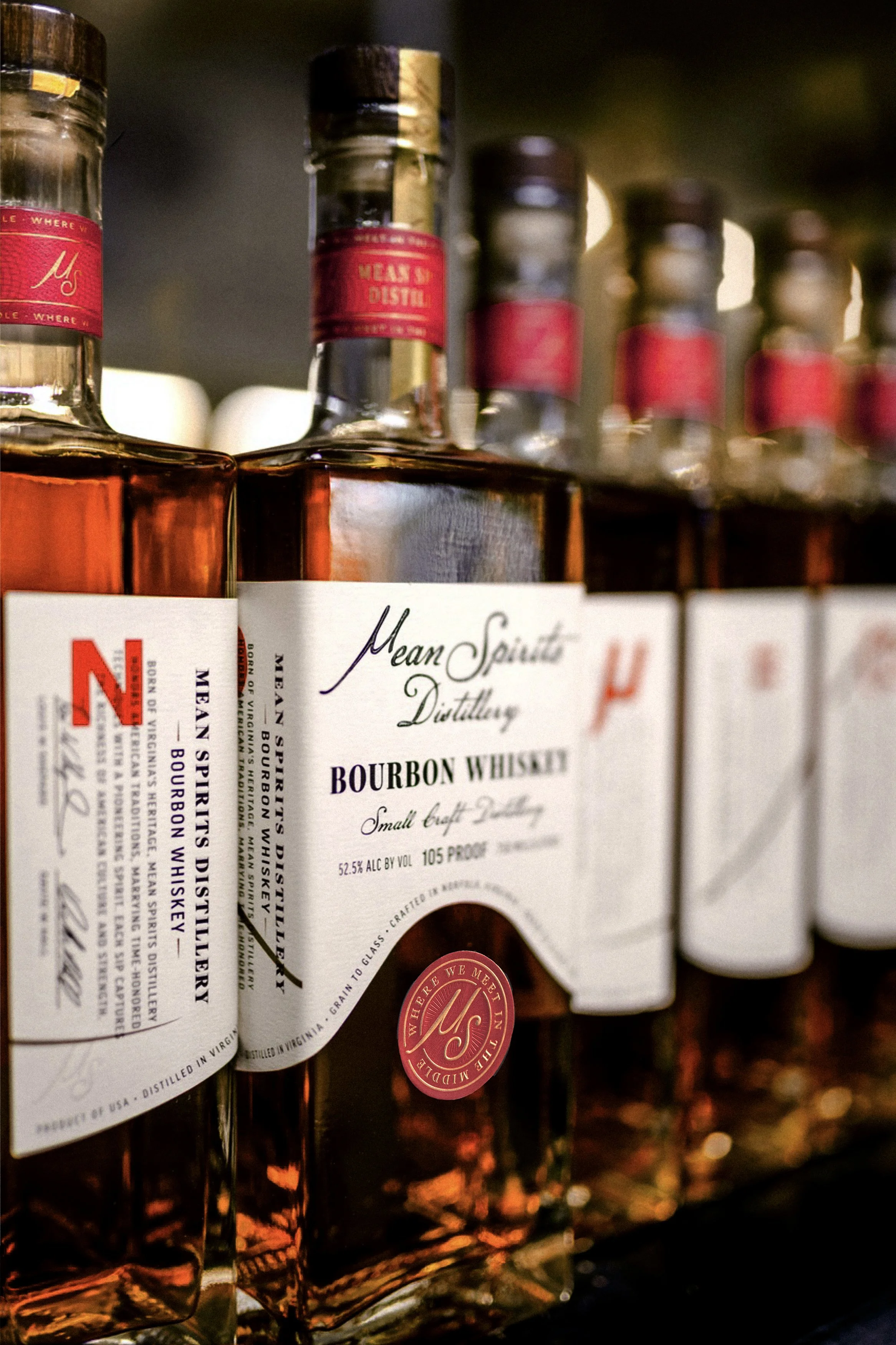 Mean Spirits Distillery Norfolk Virginia Bourbon Whiskey label in lineup
