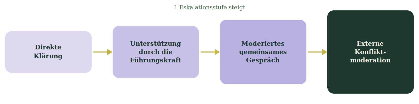 Vier Eskalationsstufen bei Teamkonflikten: Direkte Klärung, Unterstützung durch die Führungskraft, moderiertes gemeinsames Gespräch und externe Konfliktmoderation Berlin