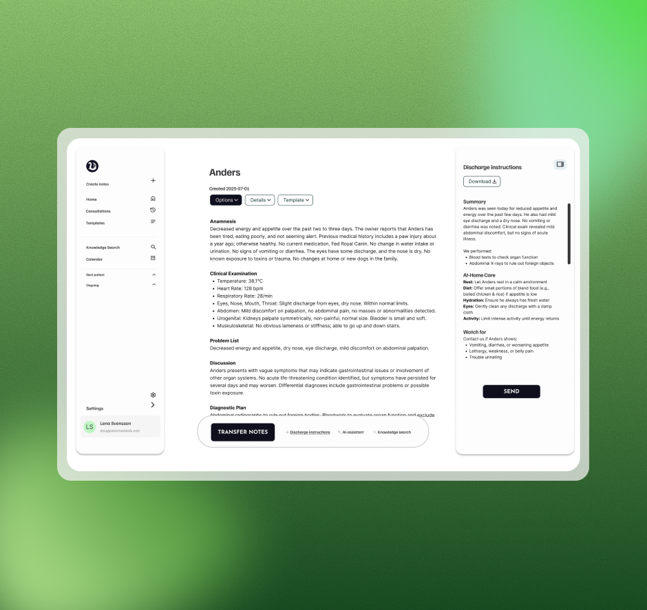 Skärmavbild av Vetz AI-funktioner på en patientsida, som inkluderar patientens namn 'Anders' och medicinska information samt en meny till vänster och en funktion för att överföra anteckningar längst ned.