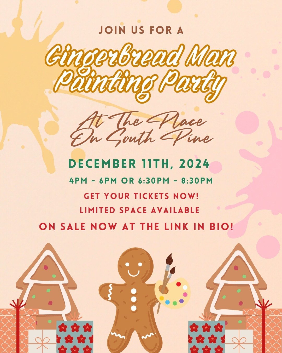🎄 10 Days Until Gingerbread Night! 🎄

Mark your calendars! Our Gingerbread Man Painting Party is happening on Wednesday, December 11th, and we&rsquo;re excited for an evening of creativity, food, and community fun at The Place on South Pine. 🎨🍽️
