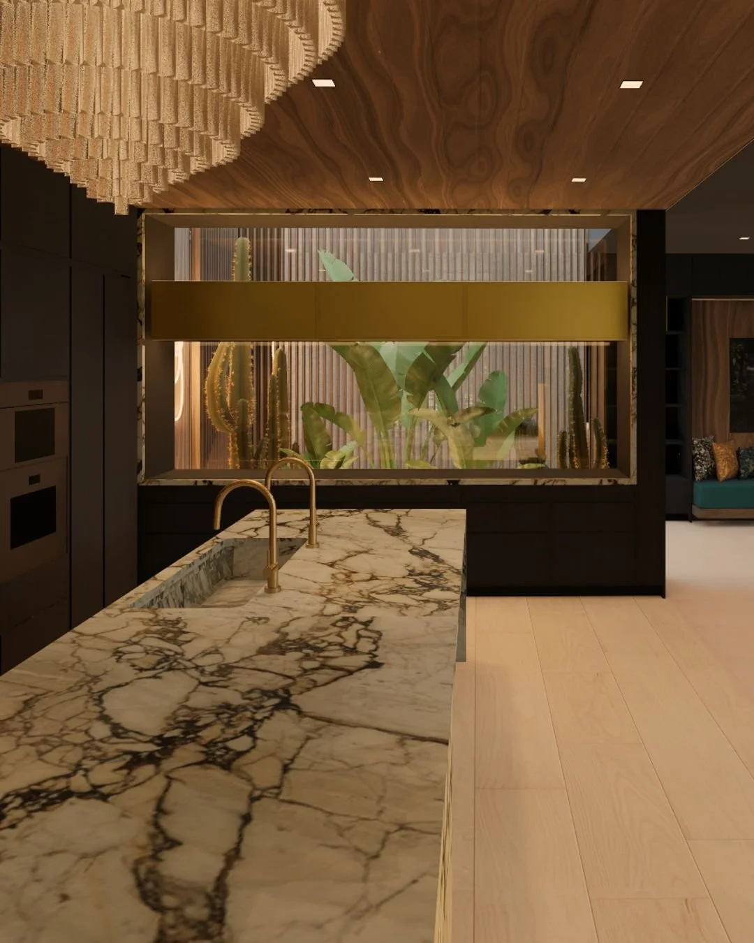 cuisine de mes r&ecirc;ves

calacatta monet wraps the island, a vintage murano fixture casts a soft glow, + the atrium peeks through a perfectly framed backdrop