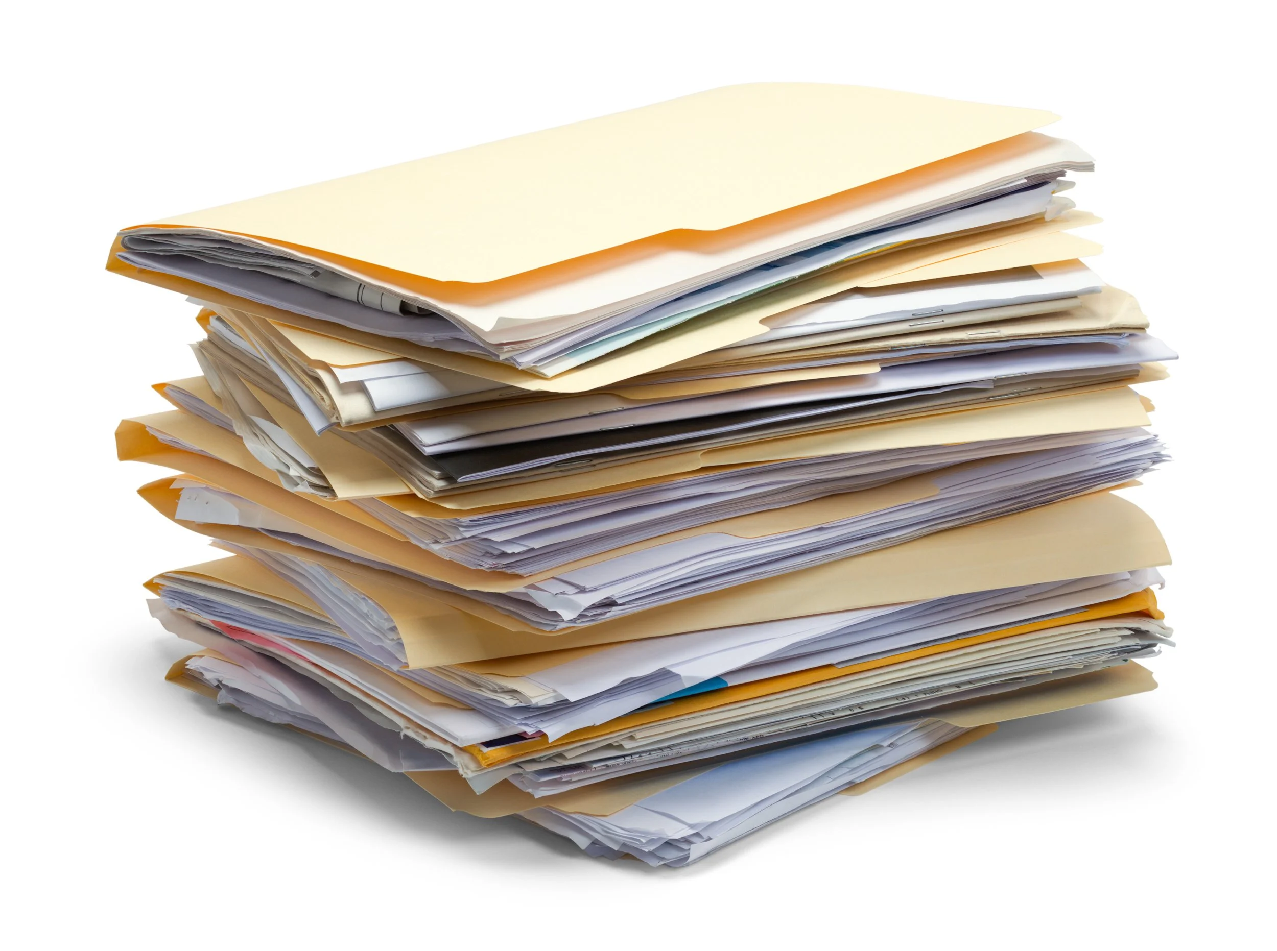 Stack of files full of client tax records that create office clutter covered by the "NO" symbol to illustrate that this is removed when using online forms for client tax data collection.