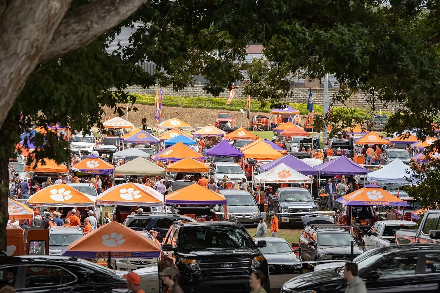 Crowd of people at an outdoor tailgate party with multiple orange and purple tents featuring a white paw print logo, parked cars, and a grassy hill in the background.