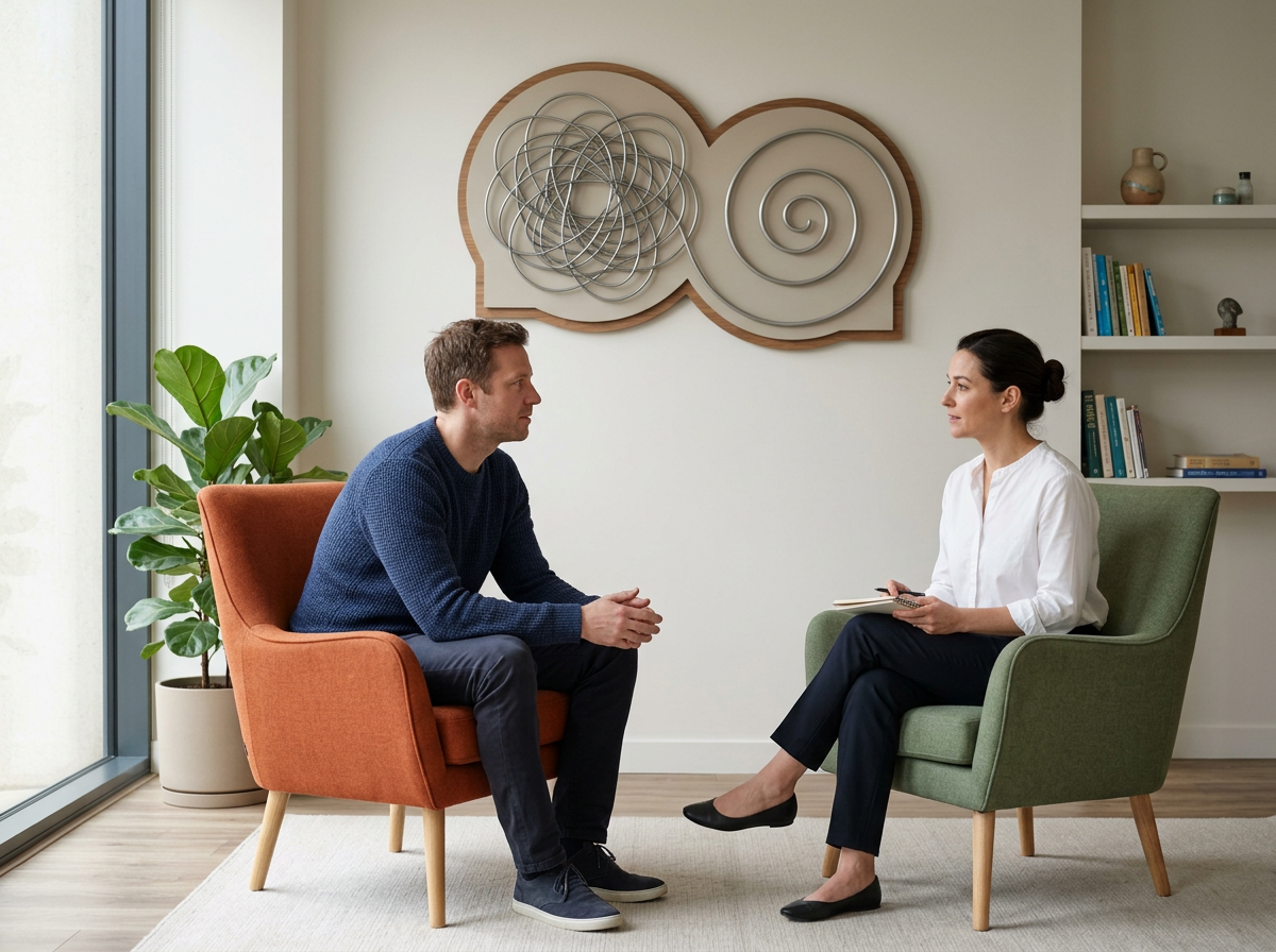A man and woman sitting in chairs facing each other in a therapist's office. The woman is holding a notepad and pen, the man has his hands clasped together. There is artwork on the wall behind them, a large potted plant to the side, and a bookshelf in the background.