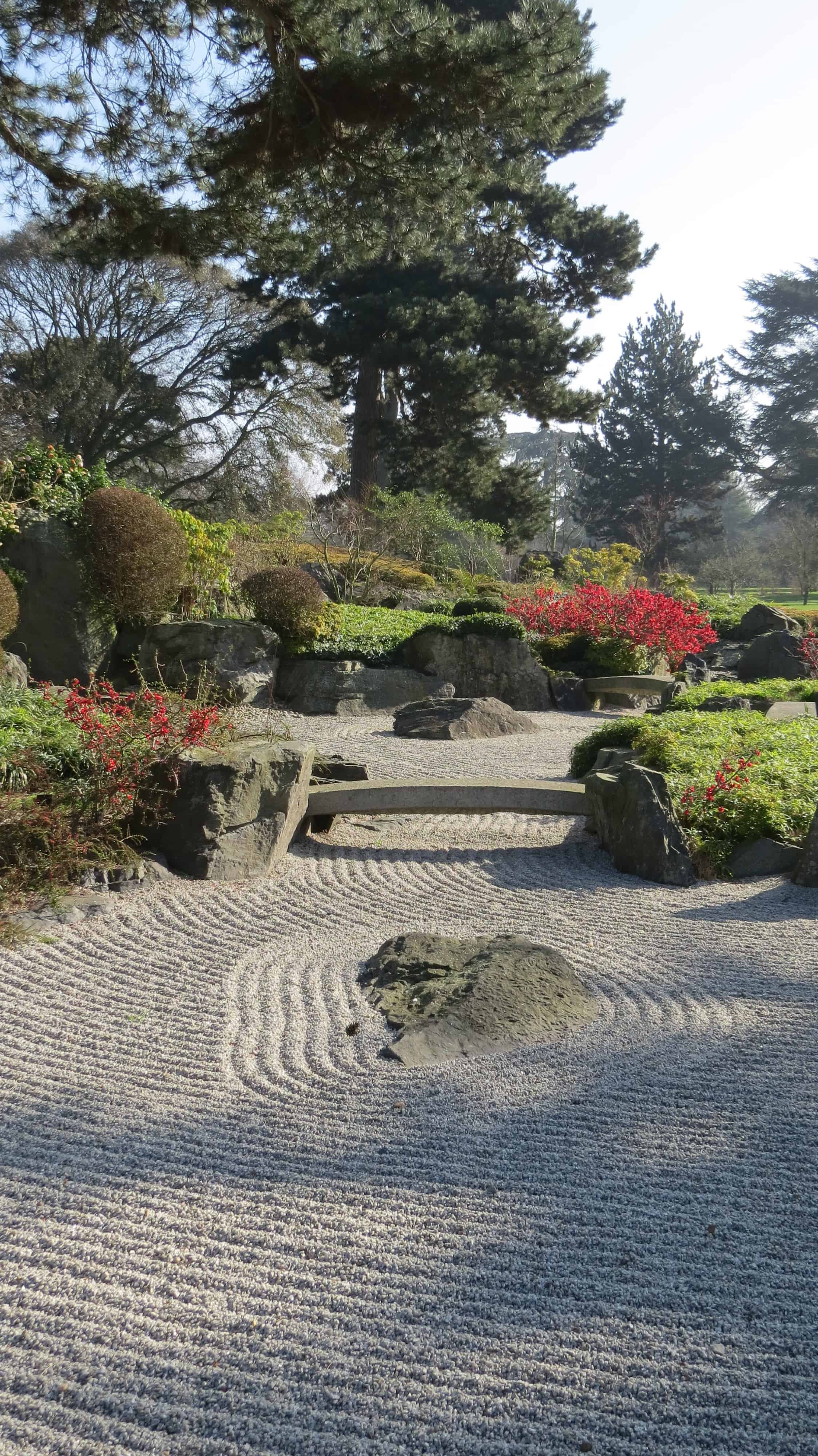 A Japanese zen garden with raked gravel, rocks, and a small arched stone bridge surrounded by various bushes and trees, some with red leaves, under a bright sky.