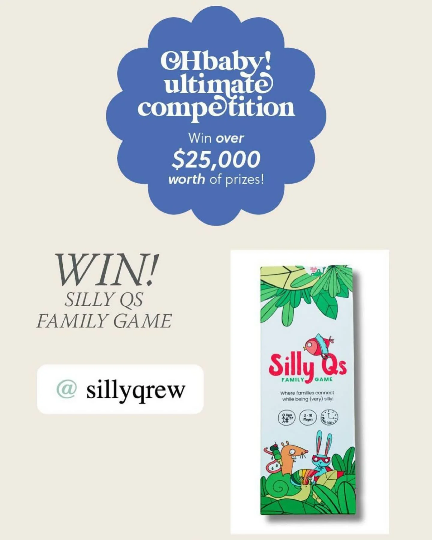 Shout out to the @ohbabymagazine Ultimate Comp - their $25K+ worth of scrummy prizes includes our Silly Qs game! Happy giggles!