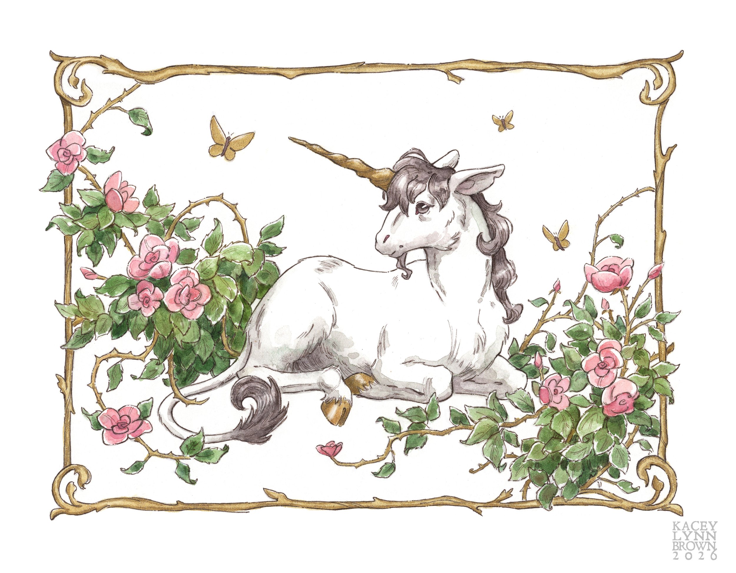 Rose Garden Unicorn - Ink & Watercolor