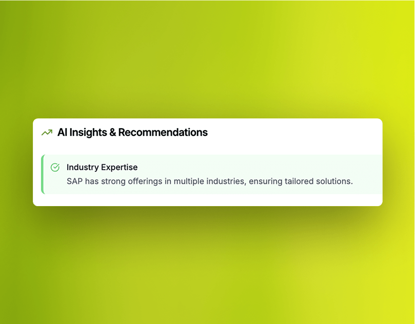 A digital interface displaying AI Insights & Recommendations with a focus on Industry Expertise, indicating SAP's broad industry solutions, set against a bright green background.