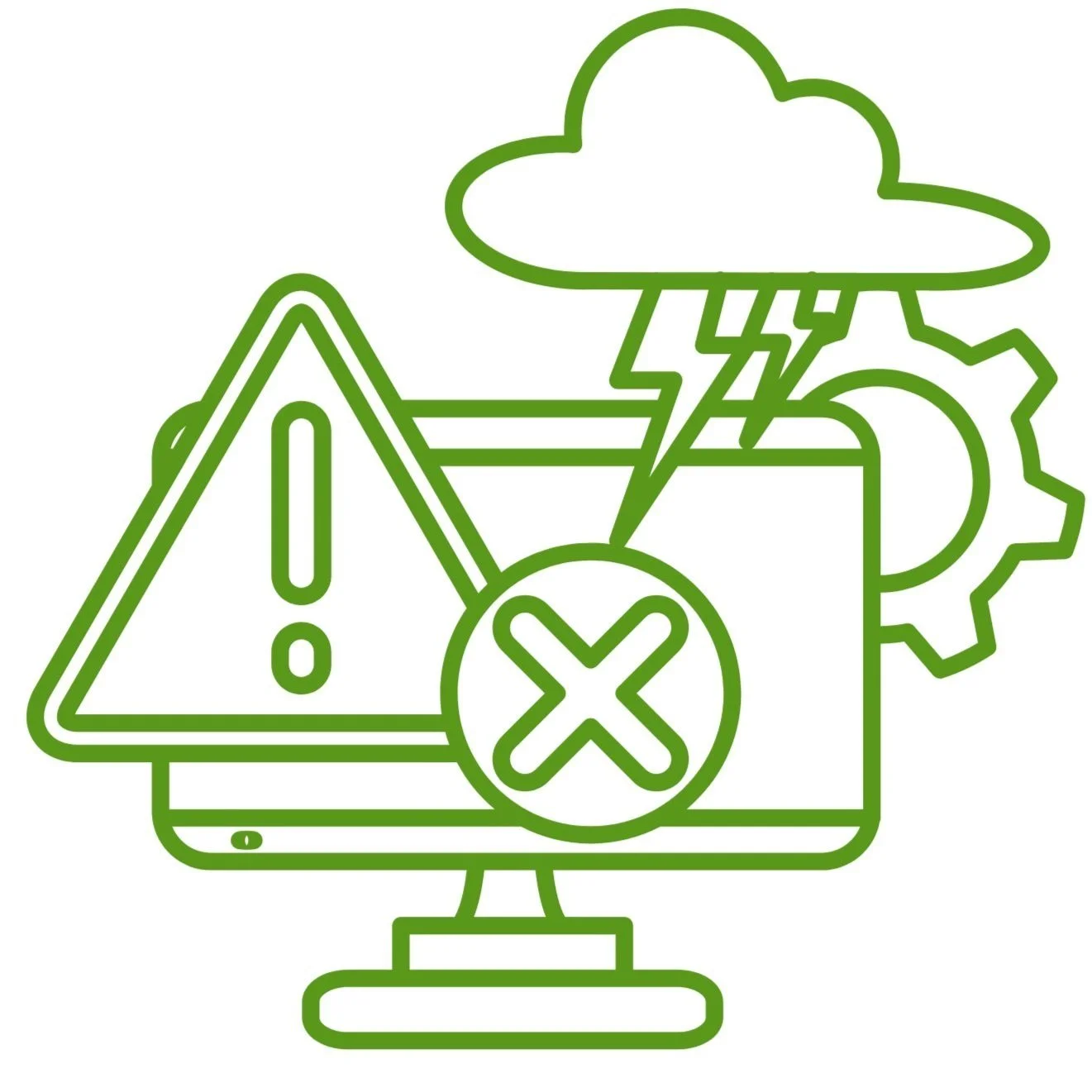 A green outline icon representing computer troubleshooting, featuring a monitor with a warning triangle and a cross, a gear, a cloud with lightning, and a gear behind the monitor.