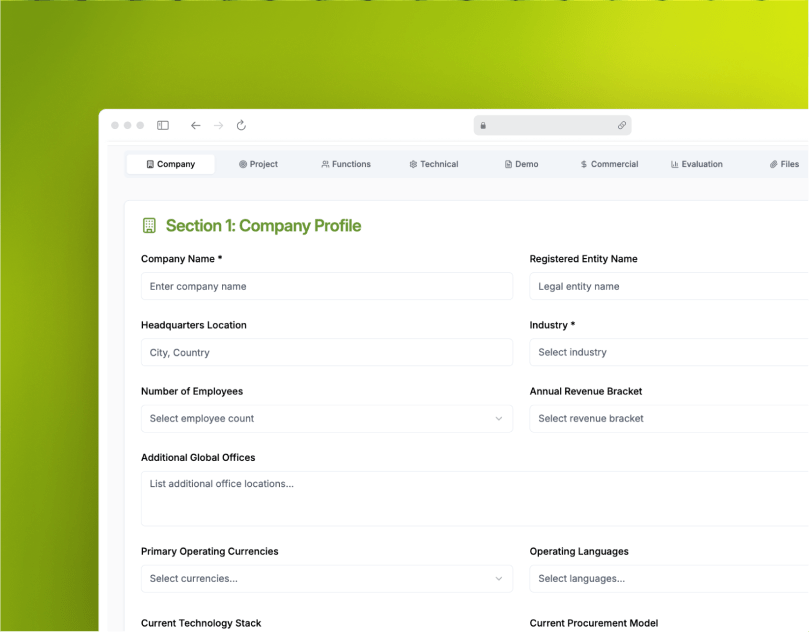 A web form for company profile information on a computer screen, with sections to enter company name, registered entity name, headquarters location, industry, number of employees, annual revenue, global offices, operating currencies, languages, technology stack, and procurement model, against a green background.