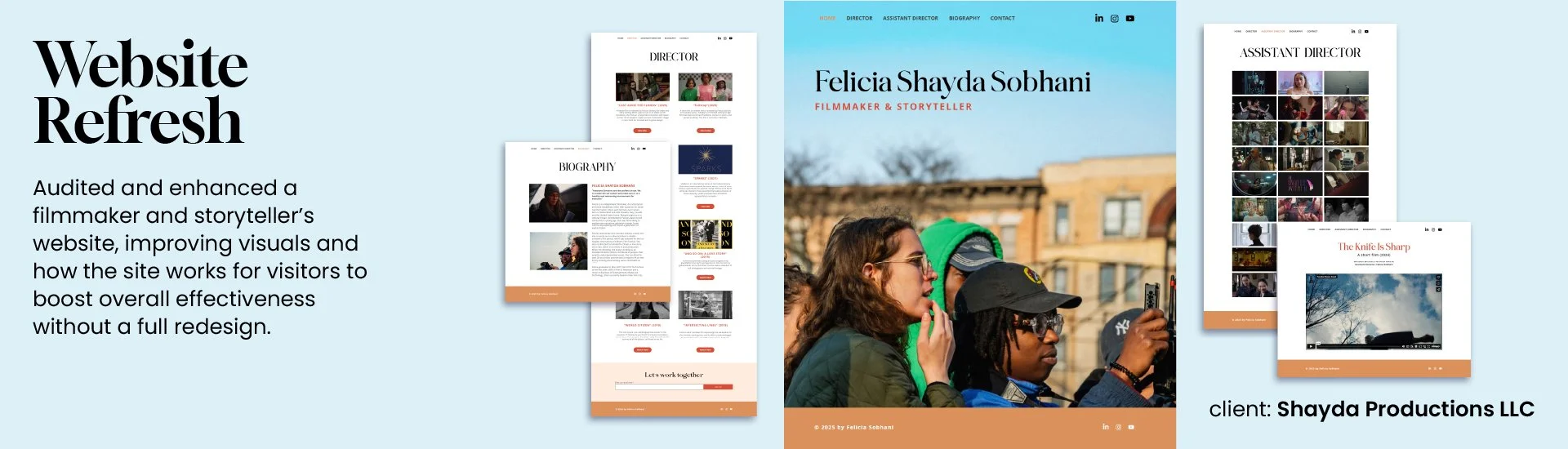 Website Refresh - Audited and enhanced a filmmaker and storyteller’s website, improving visuals and how the site works for visitors to boost overall effectiveness without a full redesign.