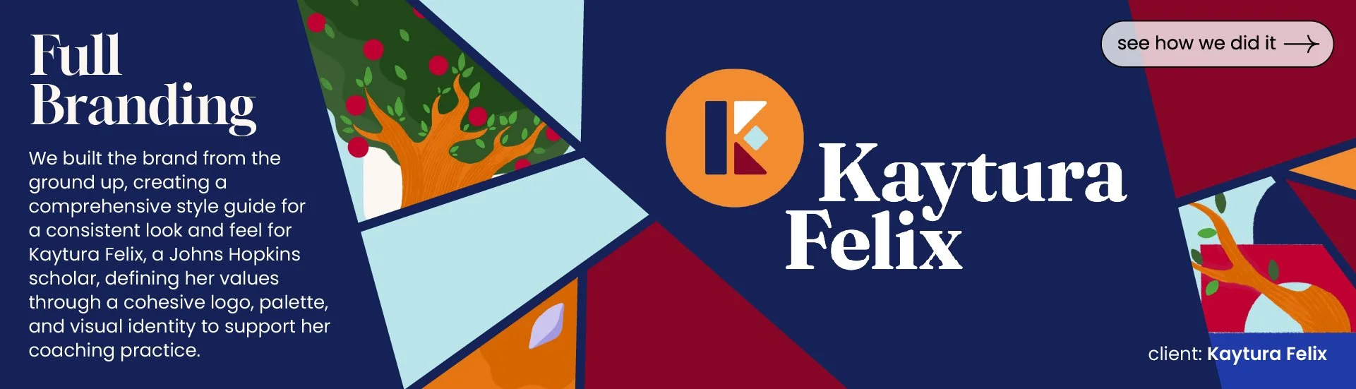 Full Branding - We built the brand from the ground up, creating a comprehensive style guide fora consistent look and feel for Kaytura Felix, a Johns Hopkins scholar, defining her values through a cohesive logo, palette, and visual identity to suppor