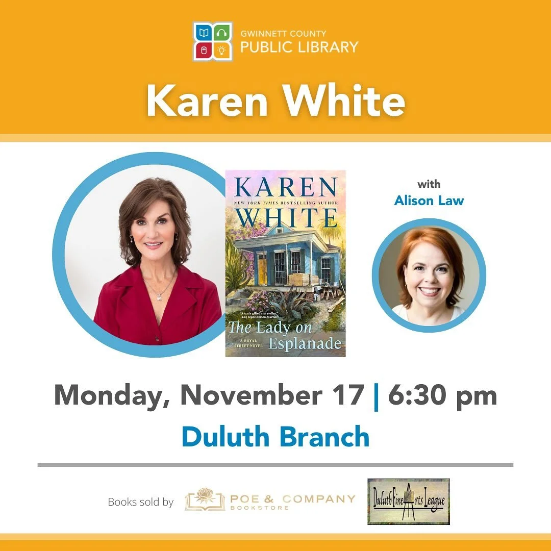 Tomorrow night! ✨ 

Join us at the Duluth Branch as @karenwhitewrite shares all about her newest release, &ldquo;The Lady on Esplanade,&rdquo; in conversation with @alisonlawatl 💛

We&rsquo;re so excited to be the bookseller for this special library
