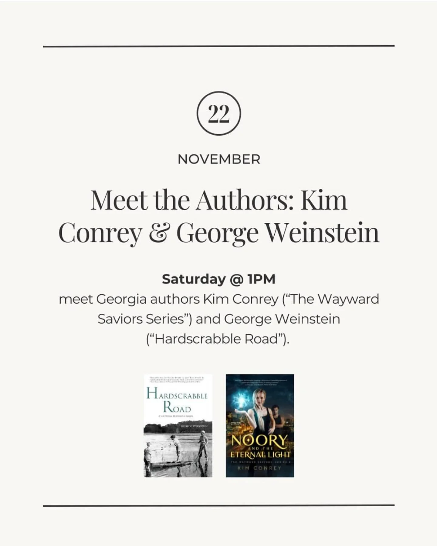 Join us for a wonderful signing event with our friends George Weinstein and Kim Conrey! Saturday 1-3. @georgeweinsteinga @kimconrey