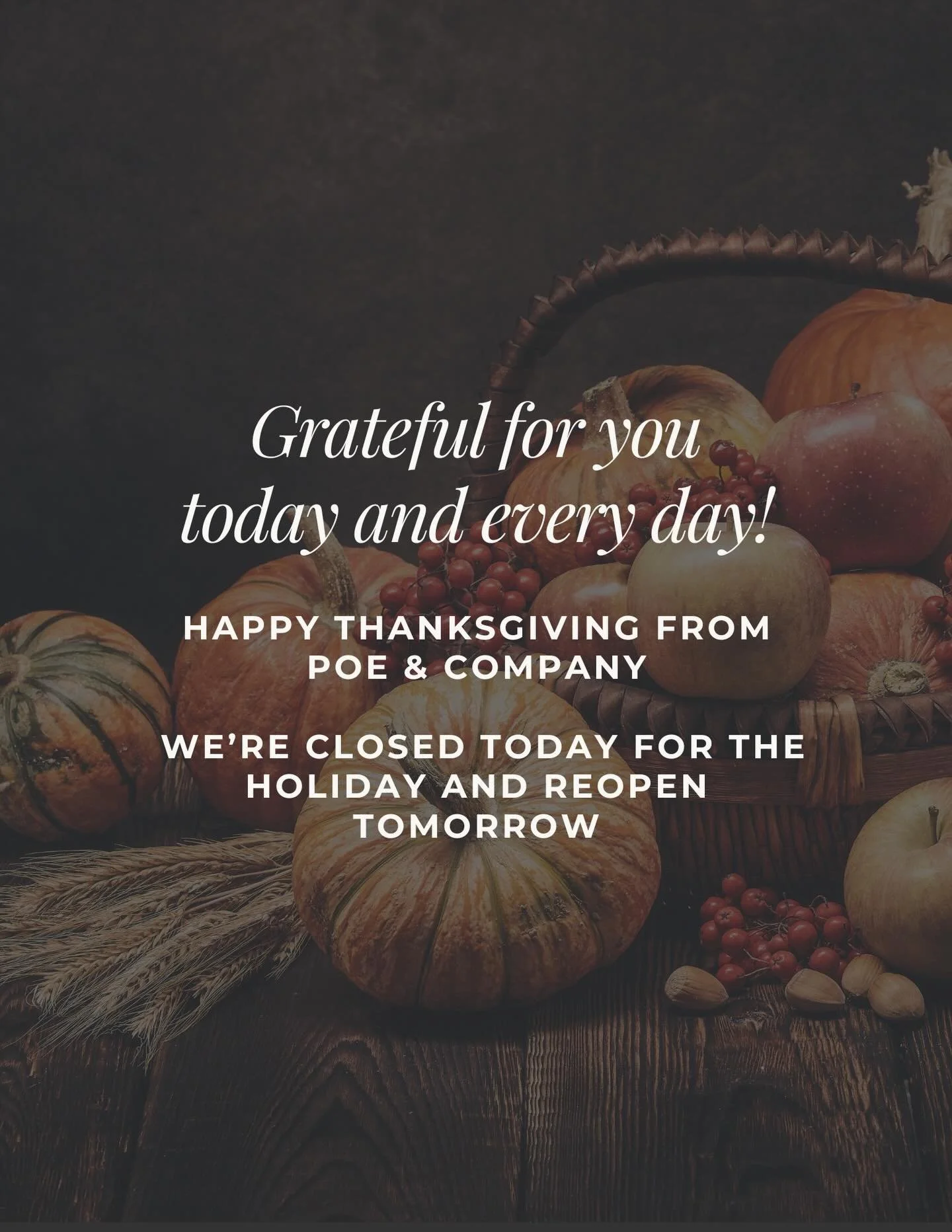 Happy Thanksgiving, friends 🤎📚

We&rsquo;re so grateful for this wonderful community &mdash; you&rsquo;re the heart of Poe &amp; Company.

The shop is closed today for the holiday, but we&rsquo;re opening early tomorrow for Black Friday. The earlie