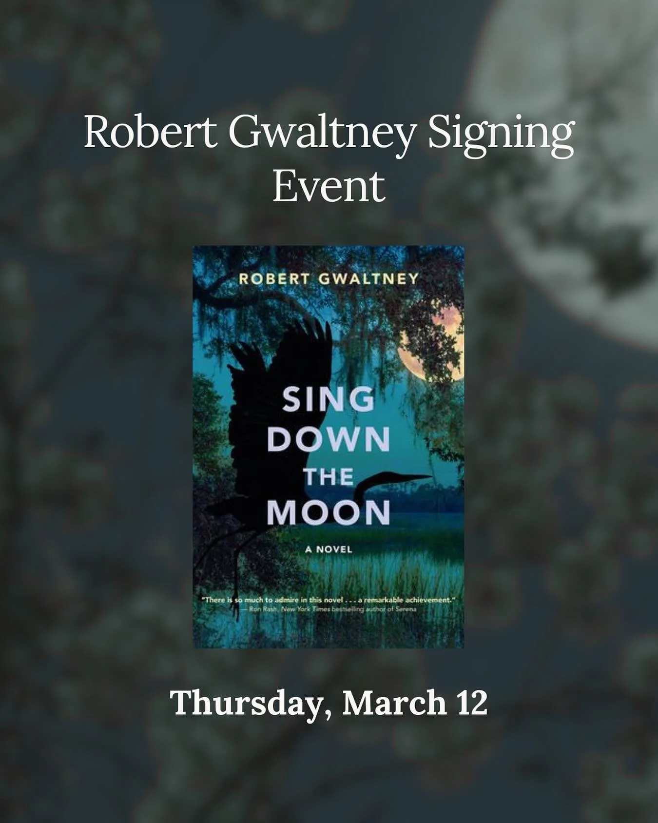 Mark your calendars! 📖🌙

Join us at Poe &amp; Company on March 12th from 5:30&ndash;7:30pm for An Evening with Robert Gwaltney. We&rsquo;ll be celebrating the release of his newest novel, &ldquo;Sing Down the Moon&rdquo;, with a special author conv