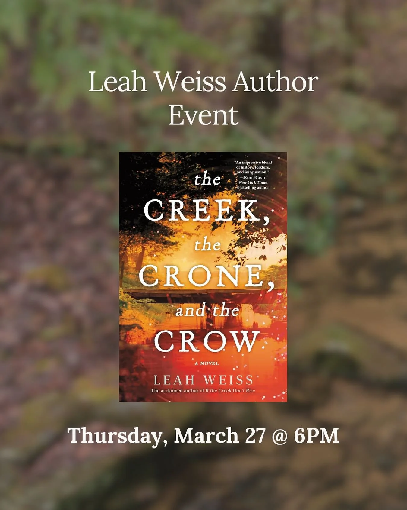 Join us for a special evening with author Leah Weiss in conversation with Jessica Handler at Poe &amp; Company! 📚✨

Celebrate the release of her latest novel, The Creek, &ldquo;The Crone and the Crow&rdquo;, on March 27 from 6&ndash;8 PM. Come hear 