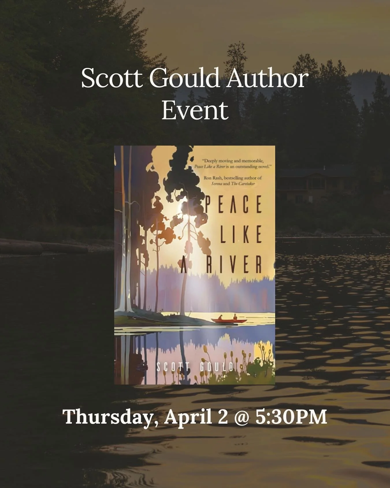 Join us at Poe &amp; Company on April 2nd for a special evening with southern storyteller Scott Gould! 

Scott will be celebrating his latest novel &ldquo;Peace Like a River&rdquo; in conversation with fellow author of &ldquo;Never Back Down&rdquo;, 