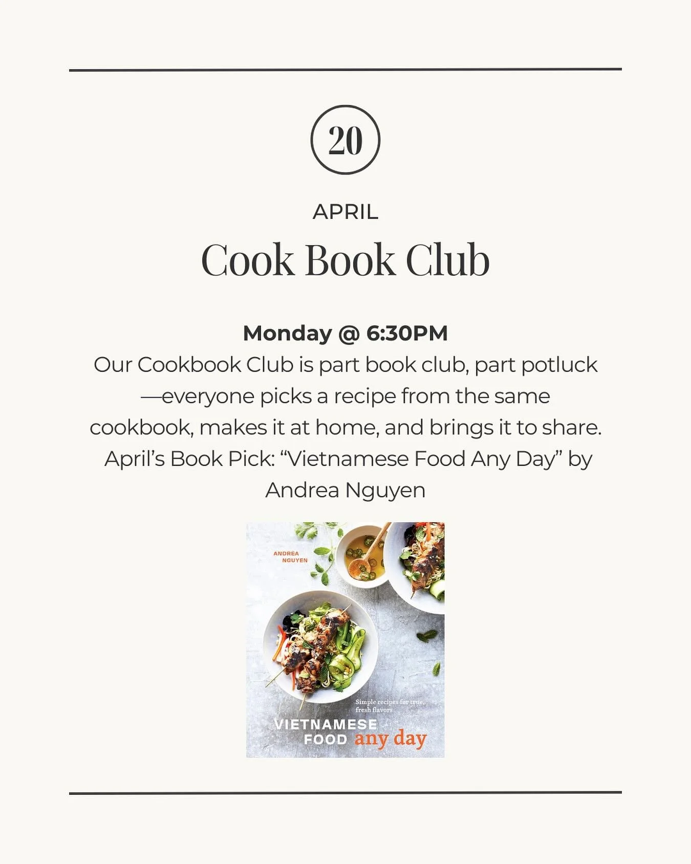 We&rsquo;ve added one more event to our April lineup&hellip; and it&rsquo;s a good one 🤍

Our Cookbook Club is part book club, part potluck&mdash;everyone chooses a recipe from the same cookbook, makes it at home, and brings it to share. We&rsquo;ll