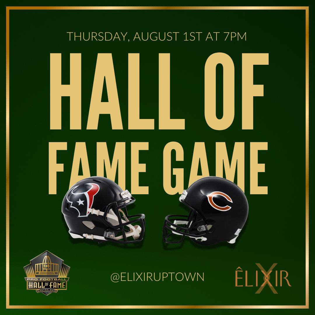 Football season is back! Catch the Hall of Fame preseason kickoff at Elixir. 🏈 Sound will be on for the game!