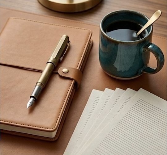 A teal mug filled with coffee, a gold pen resting on a brown leather planner, and several sheets of lined paper on a table.