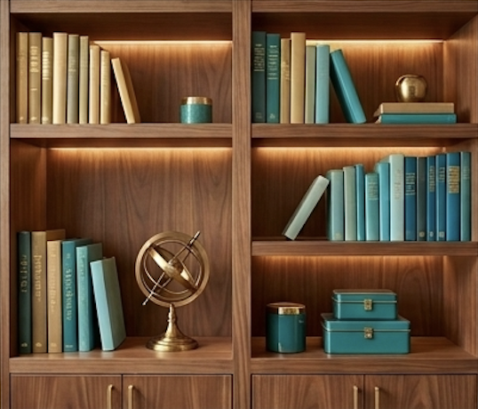 Brown wooden bookshelf with multiple shelves containing books, decorative objects, and storage boxes.