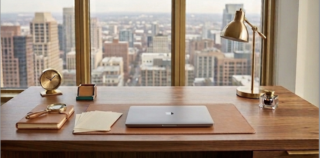A modern office desk with a laptop, gold desk lamp, gold clock, magnifying glass, stack of papers, and small stacked sticky notes in front of a large window overlooking a city skyline.