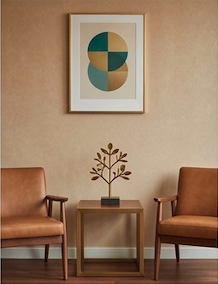 Minimalist interior with two brown armchairs on either side of a small wooden table, a decorative sculpture of a plant on the table, and an abstract geometric framed artwork hanging on the beige wall behind.