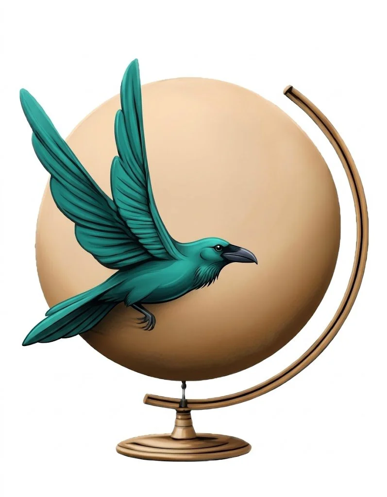 A raven in front of a globe