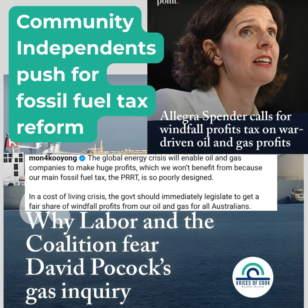 Community Independents have been pressuring government to change its PRRT (Petroleum Resource Rent Tax) policy, and calling for increased taxes from companies that reap huge financial rewards from Australia's resources.

Finally, the PM and treasurer