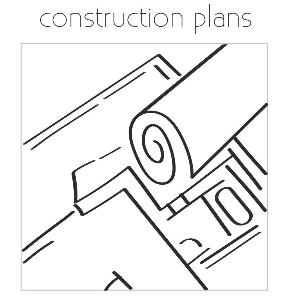 Black and white line drawing of rolled-up blueprints or construction plans.