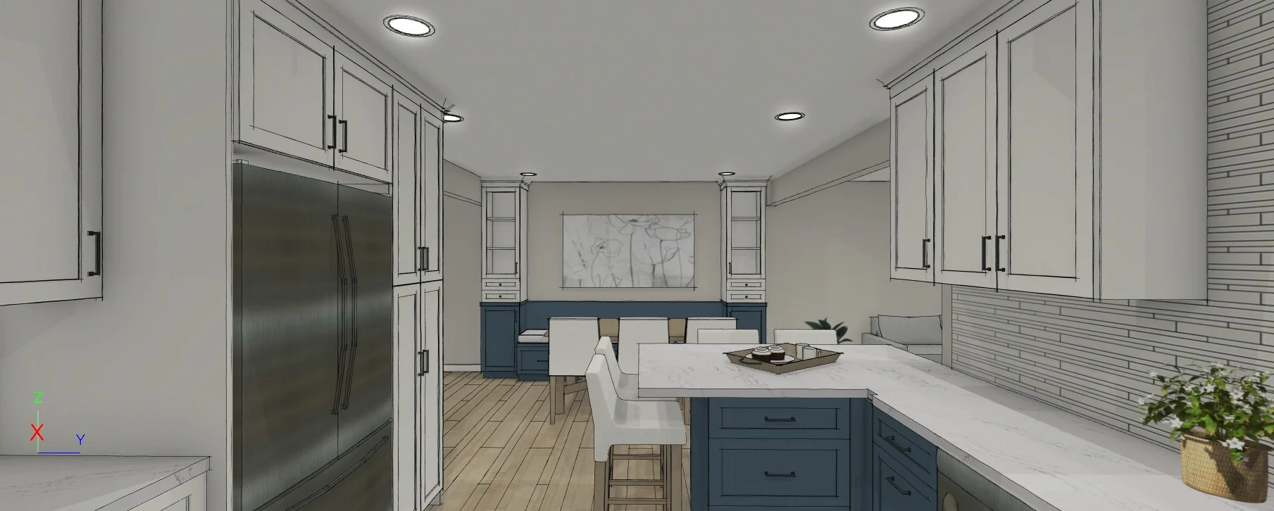 Digital rendering of a modern kitchen with white upper cabinets, navy blue lower cabinets, a marble countertop island, stainless steel refrigerator, and a dining area with chairs and a wall art piece.