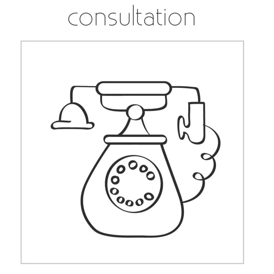 Line drawing of a vintage rotary telephone with the word 'consultation' above it.
