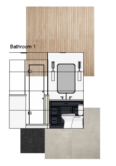 Bathroom 1 interior design with wooden wall paneling, vanity with mirror, sink, toilet, and storage cabinets.