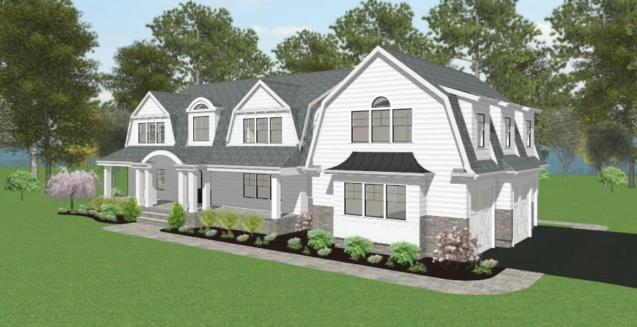 Illustration of a two-story white house with a dark gray roof, front porch, multiple windows, and landscaped yard with trees and shrubs, surrounded by a grassy lawn and trees in the background.